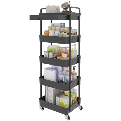 Calmootey 5-Tier Utility Cart with Drawer & Wheels, Storage for Home,Office | Space-Saving Organizer, Sturdy Plastic Shelves, Smooth-Rolling Metal Wheels, Built-in Drawer for Small Items, Black - color: Black, size: 5-Tier