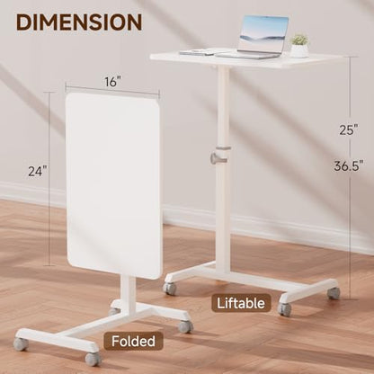 GTPLAYER Small Standing Desk, 24 Inches Foldable Mobile Rolling Laptop PC Table with Lockable Casters, Adjustable Height Overbed Bedside Table Computer Workstation for Home Office, White-Foldable - color: White-foldable