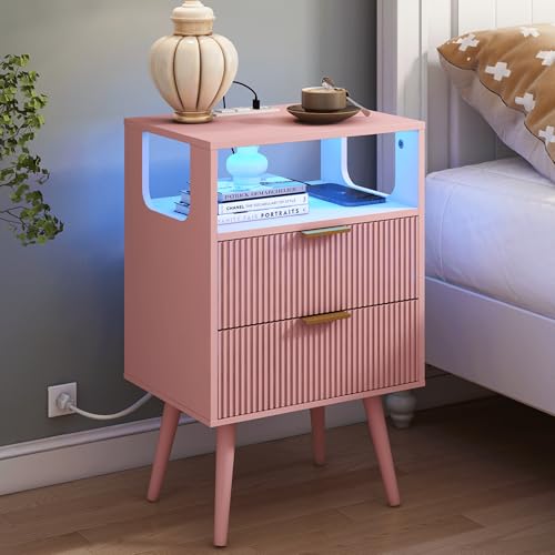 JOONEE Pink Nightstand with Charging Station and LED Lights,Modern Bedside Table with 2 Storage Drawer and Open Wood Shelf, for Bedroom and Small Spaces,Night Stand with Solid Wood Legs,Pink - color: Pink