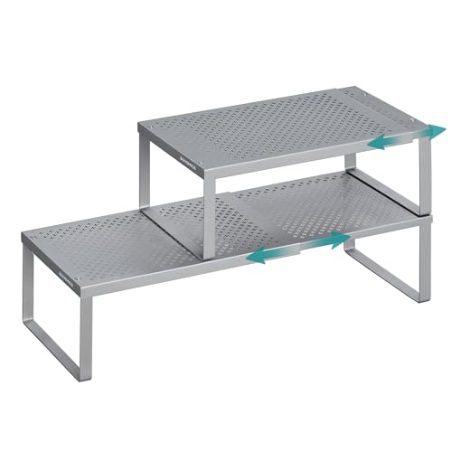 SONGMICS Spice Racks, Set of 2 Expandable Kitchen Countertop Shelves, Small Cupboard Organizers, Metal, Space-Saving Tabletop Shelves, Silver UKCS402FG01 - color: Silver, size: Set of 2