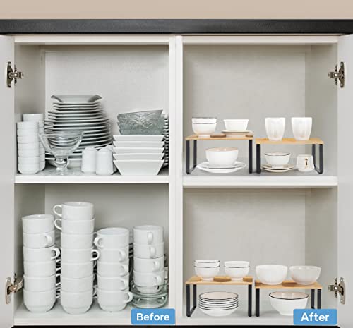 MOOACE Kitchen Cabinet and Counter Shelf Organizer, Stackable & Expandable, Set of 4, Black and Natural | Stackable & Expandable Spice Rack, Space-Saving Pantry Organizers Bathroom Countertop Storage, Natural and Black - color: Ink Black + Natural Beige