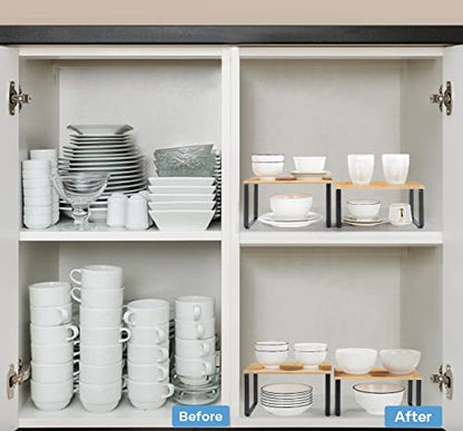 MOOACE Kitchen Cabinet and Counter Shelf Organizer, Stackable & Expandable, Set of 4, Black and Natural | Stackable & Expandable Spice Rack, Space-Saving Pantry Organizers Bathroom Countertop Storage, Natural and Black - color: Ink Black + Natural Beige