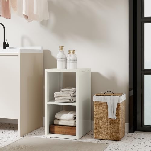 IRONMIX Metal 2 Cube Storage Organizer, Short White Bookshelf with Storage Cabinet, Narrow Nightstand, Modern Cube Storage Shelf Slim Bedside Table for Small Places, Living Room, 15 min Assembly - color: White, size: 363-2 Cube