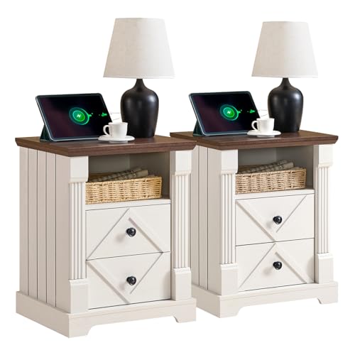 BuildHom 18" Farmhouse Nightstand Set of 2 with Charging Station,2 Interchangeable Drawers End Table, Roman Column Bedside Table with Open Shelf for Bedroom(Antique White) - color: Antique White - 2pcs