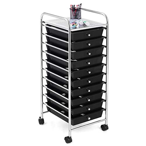 BETTARY Office Rolling Storage Cart with 10 Drawer, Scrapbook Paper Office School Organizer with Lockable Casters, Multipurpose Mobile Storage Cart for Supermarket, School, Office, Home (Black)