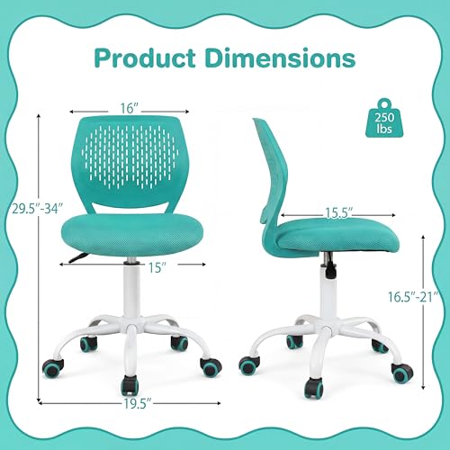 Costzon Kids Desk Chair, Armless Height Adjustable Kids Computer Chair w/Elastic Sponge Filling, Ergonomic Backrest & Stable 5-Point Wheels, Children Rolling Swivel Chair for Studyroom (Turquoise) - color: Turquoise