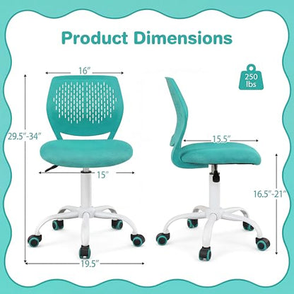Costzon Kids Desk Chair, Armless Height Adjustable Kids Computer Chair w/Elastic Sponge Filling, Ergonomic Backrest & Stable 5-Point Wheels, Children Rolling Swivel Chair for Studyroom (Turquoise) - color: Turquoise