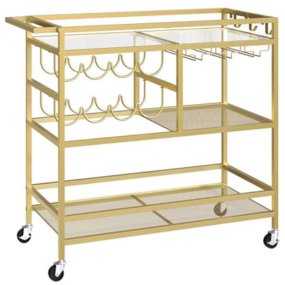 MAHANCRIS Bar Cart for Home, 3-Tier Serving Cart with Wheels and Handle, Beverage Cart with Wine Rack and Glass Holders, Rolling Wine Cart for Kitchen, Dining Room, Gold RCGD81B01 - size: 31.7''L x 15.7''W x 34.6''H