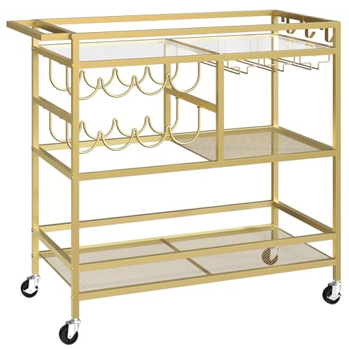 MAHANCRIS Bar Cart for Home, 3-Tier Serving Cart with Wheels and Handle, Beverage Cart with Wine Rack and Glass Holders, Rolling Wine Cart for Kitchen, Dining Room, Gold RCGD81B01 - size: 31.7''L x 15.7''W x 34.6''H