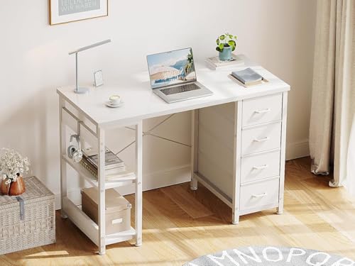 Casaottima 40 Inch Small Computer Desk with 4 Fabric Drawers, Modern PC Desk for Small Spaces, Home Office Desk with Storage Shelves, Pure White - color: Pure White