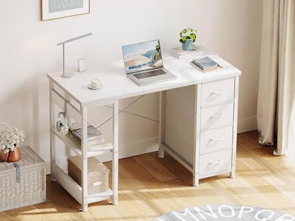 Casaottima 40 Inch Small Computer Desk with 4 Fabric Drawers, Modern PC Desk for Small Spaces, Home Office Desk with Storage Shelves, Pure White - color: Pure White