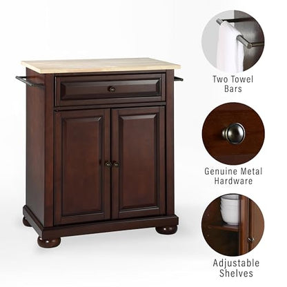Crosley Furniture Alexandria Wood Top Small Portable Rolling Kitchen Island Storage Cart, Microwave Stand, Mahogany - color: Mahogany, style: Natural Wood Top