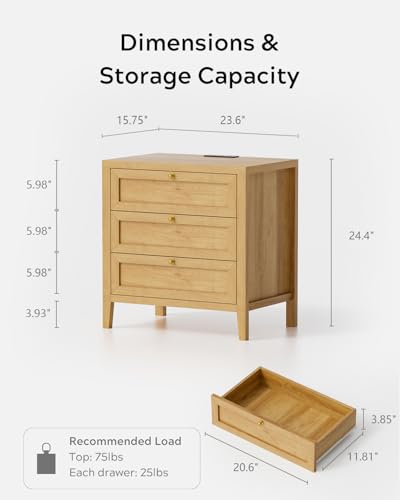 Large Nightstand Set of 2 with 3 Drawers, Farmhouse Bedside End Table with Charging Station, Modern Wood Night Stand for Sofa, Bedroom, Natural Oak - color: Natural Oak, size: 2 PCS (3 Drawers)