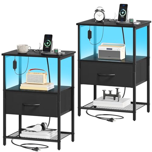 Somdot Nightstand Set of 2 with Charging Station & LED Light, Bedside Table | Dorm, Guest Room, Kids Room, Laundry, Closet, Entryway and Hallway, Black - color: Black, size: 11.8"D x 15.7"W x 23.4"H (1 Drawers)