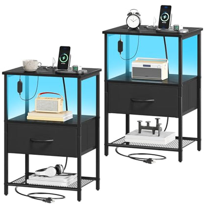 Somdot Nightstand Set of 2 with Charging Station & LED Light, Bedside Table | Dorm, Guest Room, Kids Room, Laundry, Closet, Entryway and Hallway, Black - color: Black, size: 11.8"D x 15.7"W x 23.4"H (1 Drawers)