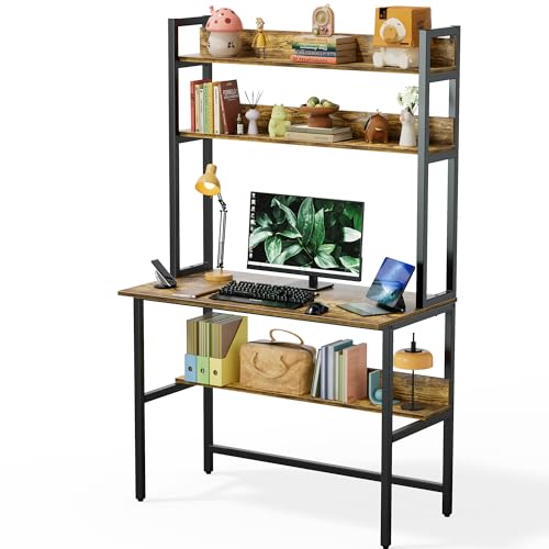 Aquzee Computer Desk with Hutch, 40“W x 19.6" D Desk with Shelves, Tall Home Office Desk with Bookshelf, Metal Legs Study Table with Upper Storage Shelf for Study Writing/Workstation, Brown - color: Brown, size: 40inch