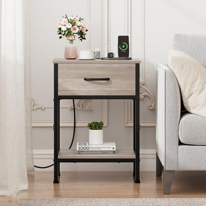 Vagusicc Nightstand with Charging Station, End Table with Fabric Drawer, Small Side Table with 2-Tier Storage Shelves, 25.4" Tall Night Stand, Bedside Table for Bedroom, Living Room, Dorm, Greige - color: Greige (1 Pack)