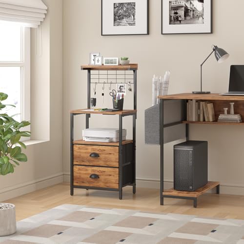 sthmec Tall Nightstands with Charging Station, LED Night Stand Bedsides with 2 Drawers Fabric, Hooks,USB Port and Open Storage Shelves,Tall End Table Bedside for Bedroom,Office, Rustic Brown - color: Rustic Brown, style: 2 Drawers