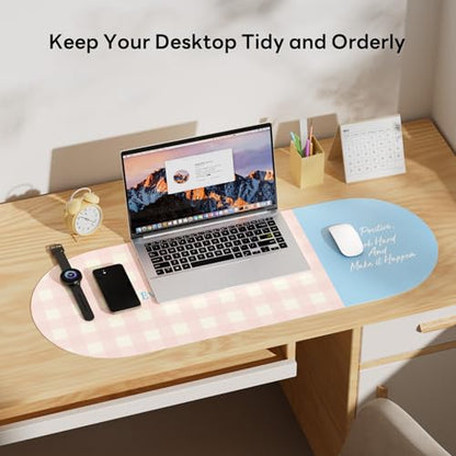 Checkered Pattern Desk Pad Protector, 35.5 x 13'' Aesthetic Mouse Mat for Desktop, Waterproof PU Leathe Non-Slip Desk Writing Pad for Office and Home, Light Pink and Blue - color: Light Pink and Blue