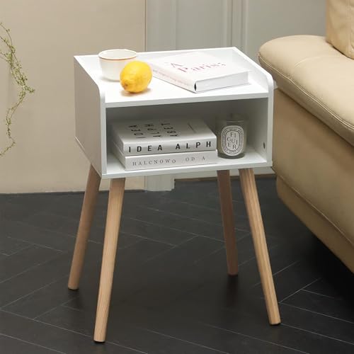 MaxSmeo White Nightstand, Small Bed Side Table for Small Spaces,Mid Century Modern Nightstand End Table with Storage and Solid Wood Legs for Bedroom Living Room(White) - color: White