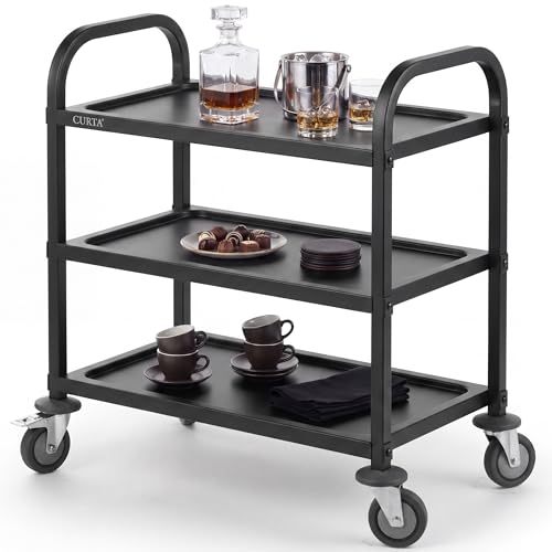 CURTA Black Stainless Steel Serving Cart, 3-Tier Rolling Utility Trolley (30"x16"x33"), Heavy Duty Painted Kitchen Cart on Wheels with Brakes, Commercial Grade for Restaurant, Hotel, Salon & Lab - color: M(black): 30''(l) X 16''(w) X 33''(h)
