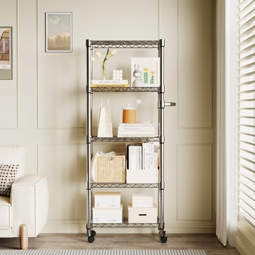 Garvee 5-Tier Storage Shelves Heavy Duty Metal Wire Rack Shelving, 1100 LBS Capacity Rolling Storage Rack with Wheels, for Living Room Pantry Kitchen Bedroom Organization - size: 61"H x 23.6"W x 11.8"D