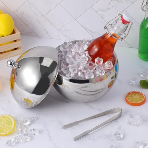 NUOBESTY Double Walled Ice Bucket with Lid and Tongs Stainless Steel Insulated Beverage Bucket for Wine Beer Juice Bar Parties Home Entertaining Spherical Shape 7.67 X 6.57 X 6.57 in