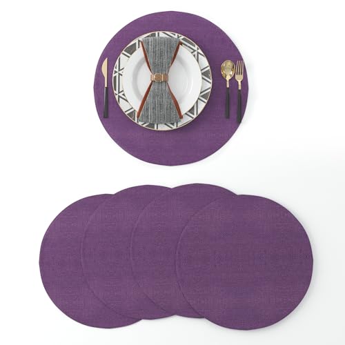 Set of 4 Round Placemat 15 Inch Soft Linen eco-Friendly Fabric Handcrafted Machine Washable Indoor & Outdoor Tablemat Dark Purple - color: Dark Purple, size: Round Placemats 15"