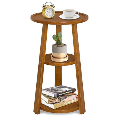 Small Round Side Table, Solid Wood 3-Tier End Table for Small Spaces, 13 Inch Compact Drink Table, Round Wood Side Table for Living Room & Bedroom, Amber Brown - color: Amber Brown