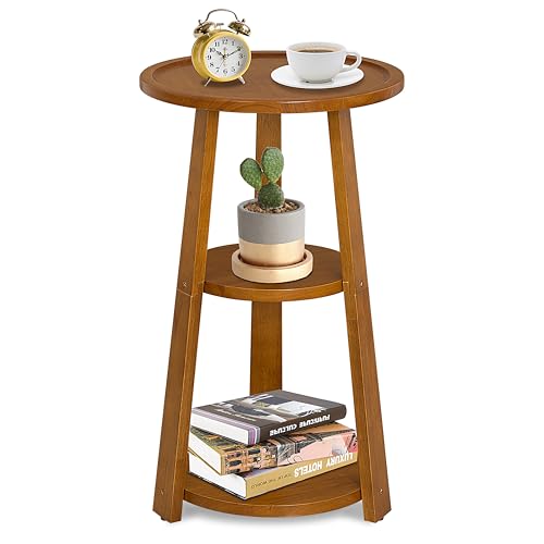 Small Round Side Table, Solid Wood 3-Tier End Table for Small Spaces, 13 Inch Compact Drink Table, Round Wood Side Table for Living Room & Bedroom, Amber Brown - color: Amber Brown