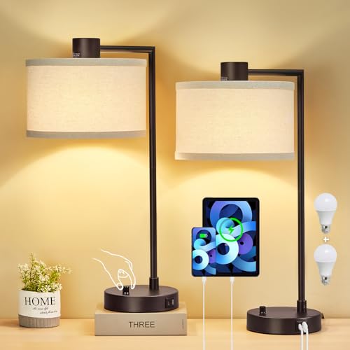 Luvkczc Table Lamp for Bedroom Set of 2 with USB C+A Ports - Fully Stepless Dimmable Bedside Lamp with Linen Lampshade - Contemporary Lamp for Living Room Reading Office, 2 Bulbs Included (Red Brown) - color: Red Brown