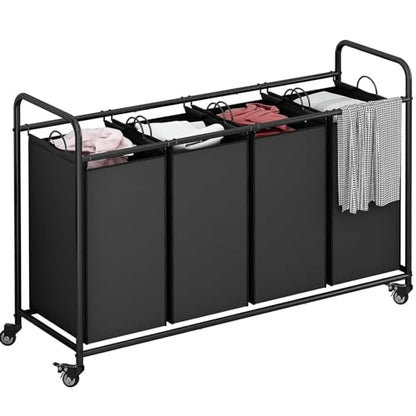 4 Section Laundry Hamper, Black Rolling Laundry Basket, 180L Laundry Sorter | Laundry Room Organization with Heavy Duty Rolling Lockable Wheels and Removable Bag, Bedroom Laundry Cart for Clothes Storage - size: 4 Bags Black