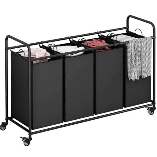 4 Section Laundry Hamper, Black Rolling Laundry Basket, 180L Laundry Sorter | Laundry Room Organization with Heavy Duty Rolling Lockable Wheels and Removable Bag, Bedroom Laundry Cart for Clothes Storage - size: 4 Bags Black