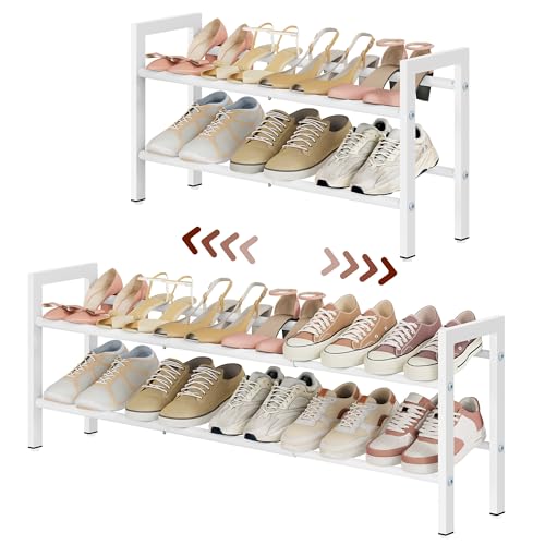 FAVOOSTY 2-Tier Expandable Shoe Rack, Adjustable Shoe Shelf Storage Organizer Space Saving Metal Free Standing Shoe Rack for Entryway Closet Doorway, White - color: White, size: 2 Tier