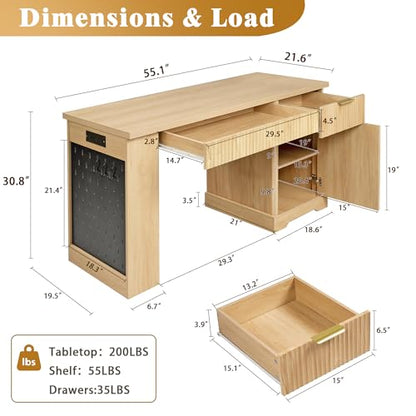55" Modern Fluted Office Desk with Storage Cabinet & Drawers, Computer Writing Desk with Power Outlet, Pegboard, Built-in Shelves & Keyboard Tray for Study, Home Office (Light Oak) - color: Light Oak