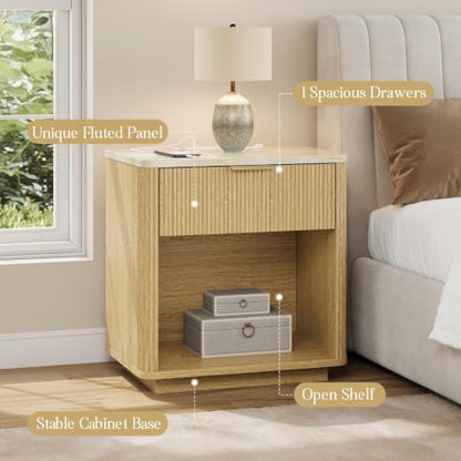 Fluted Nightstand with Drawer, Bedside Table with Faux Marble-Top, Modern Nightstand with Charging Station, Drawers and Open Shelf, Curved Corners, Modern Night Stand for Bedroom, Natural Oak - size: 1 PACK