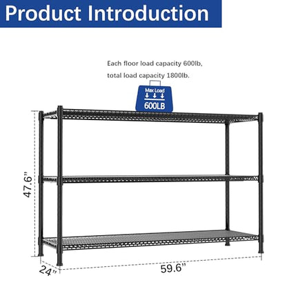 REGILLER 3-Wire Shelf Adjustable Heavy Duty Storage Shelves,Metal Organizer Wire Rack for Laundry Bathroom Kitchen Pantry Closet Garage Shelving(Black,24" Dx59.6 Wx47.6 H) - size: 3tier 24"D x 59.6"W x 47.6"H