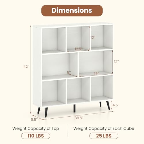 Giantex 8-Cube Bookcase, 3-Tier Modern Bookshelf with 5 Metal Legs, 39.5" Freestanding Open Storage Organizer with 2 Anti-tip Devices, Mid-Century Display Rack for Living Room (39.5" x 9.5" x 42") - size: 39.5" x 9.5" x 42"