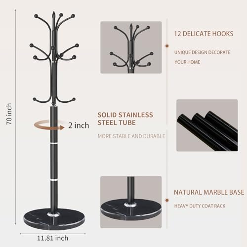 Coat Rack Stand,Black Metal Coat Rack Freestanding with 12 Hooks | Modern Coat Rack with Natural Marble Base,Heavy Duty Coat Hanger Stand, Coat Hall Clothes Tree Stand for Office,Bebroom