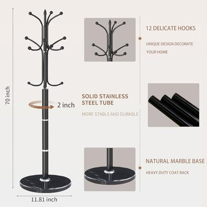 Coat Rack Stand,Black Metal Coat Rack Freestanding with 12 Hooks | Modern Coat Rack with Natural Marble Base,Heavy Duty Coat Hanger Stand, Coat Hall Clothes Tree Stand for Office,Bebroom