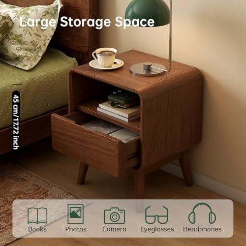 100% Solid Wood Nightstand, Walnut Night Stand with Drawer and Open Shelf, Mid Century Nightstand, Wooden Nightstands, Small Nightstands for Small Spaces Bedroom(Dark Black Walnut, 20.47" H) - color: Dark Walnut, style: Drawer & Open Storage-1