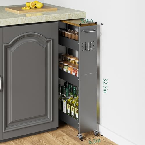 XYZLVSI Slim Storage Cart, 4 Tier Rolling Kitchen Cart on Wheels for Small Space, Narrow Laundry Bathroom Organizers Mobile Shelving Unit Metal Utility Cart with Handle, 5.9in Width, Gray | 5.9" W skinny storage cart, 12.4" bottom metal utility cart with