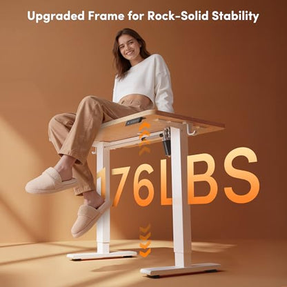 Cubiker Standing Desk, 32" Small Sit Stand Home Office Desk, Electric Stand up Desk, Adjustable Desk with Splice Board, White Frame/Maple Top - color: Maple, size: 32x19