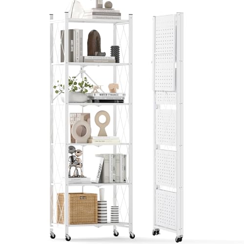 DEANIC 6-Shelf Folding Bookcase with Wheels, Heavy Duty Storage Shelves, Freestanding Metal Wire Shelving Unit for Living Room, Office, Kitchen, Basement, Pantry (White) - color: White, size: Compact 6 tier