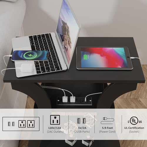 FROMJBEST End Tables Living Room with Charging Station, Black Side Tble | Side Table Living Room, with USB Ports and Outlets, Nightstand for Bedroom, 3-Tier Storage Shelf, Bedside Table - color: Black