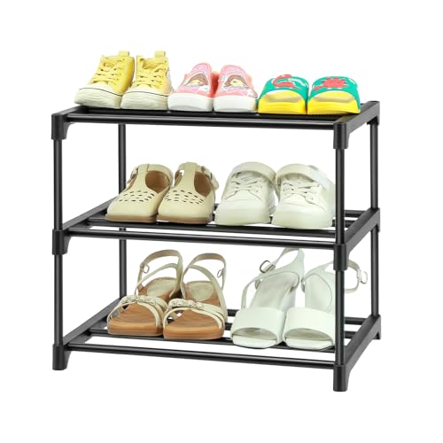 HITHIM 3-Tier Small Shoe Racks, Narrow Shoe Rack for 5-6 Pairs Shoe Storage,Kids Shoe Racks for Small Place,Lightweight Stackable Shoe Shelf Organizer for Closet,Black - color: Black, size: 3-Tier