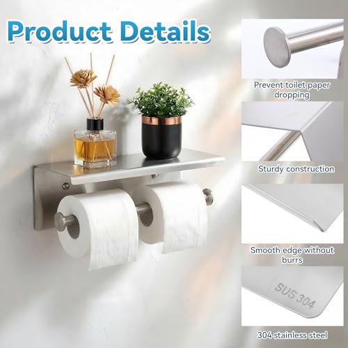 Double Bathroom Toilet Paper Roll Holder with Shelf Wall Mount Tissue Roll Holder Stainless Steel Wall Mounted RV Tissue Rolls Holders Toilet Paper Holders with Shelf, Silver