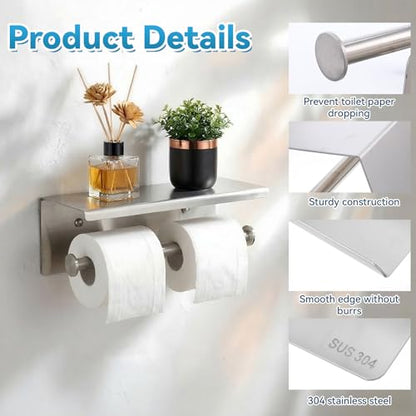 Double Bathroom Toilet Paper Roll Holder with Shelf Wall Mount Tissue Roll Holder Stainless Steel Wall Mounted RV Tissue Rolls Holders Toilet Paper Holders with Shelf, Silver