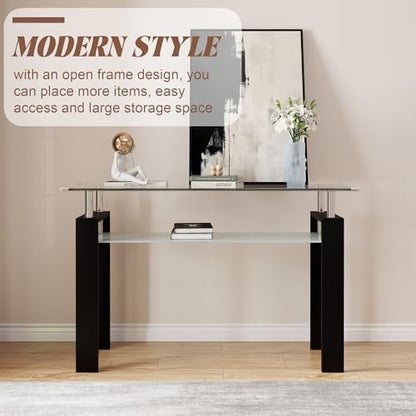 47" 2-Tier Console Table with Tempered Glass Top and MDF Frame, Modern Black Rectangular Glass Entryway Table for Living Room, Apartment, Office, Easy to Assemble - color: Black, size: Console Table