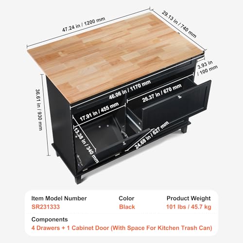 VEVOR Kitchen Island Cart, 50" Wood Top Breakfast Bar with Trash Cabinet Tilt Out 10 Gallon Storage, Farmhouse Dining Living Room Table with Drop Leaf, Towel Bar, Drawer, Black - size: 50"W (dropleaf)